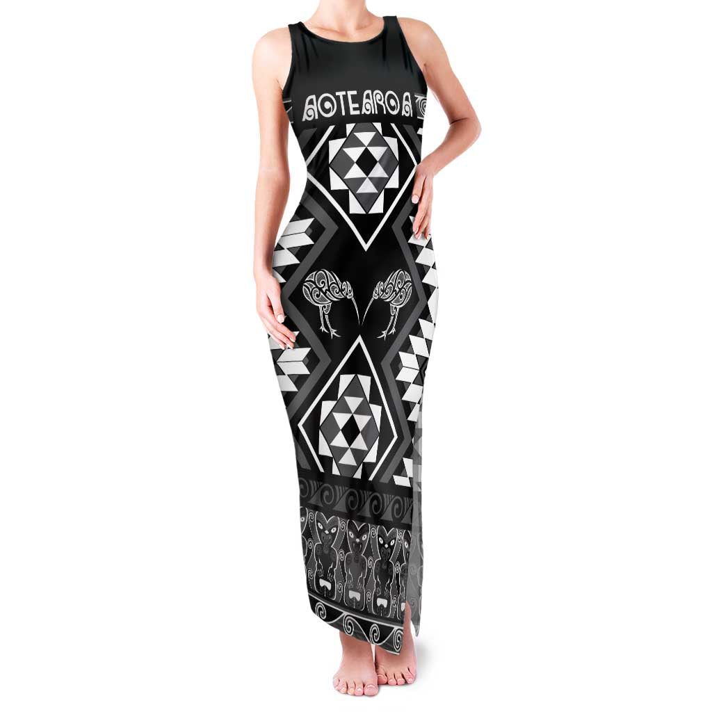 Personalised Taniko Motifs Aotearoa Family Matching Tank Maxi Dress and Hawaiian Shirt Waitangi Kowhaiwhai Kiwi - Monochrome LT7 Mom's Dress Grey - Polynesian Pride
