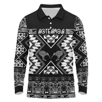 Personalised Taniko Motifs Aotearoa Long Sleeve Polo Shirt Waitangi Kowhaiwhai Kiwi - Monochrome