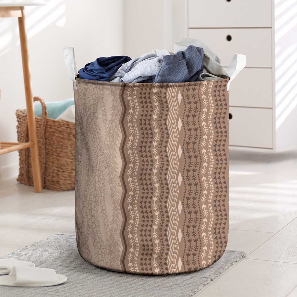 Vintage Beige Hawaiian Traditional Kapa Mix Flowers Lei Laundry Basket