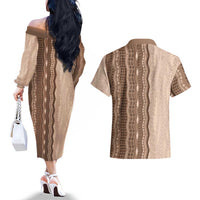 Vintage Beige Hawaiian Traditional Kapa Mix Flowers Lei Couples Matching Off The Shoulder Long Sleeve Dress and Hawaiian Shirt LT7 - Polynesian Pride