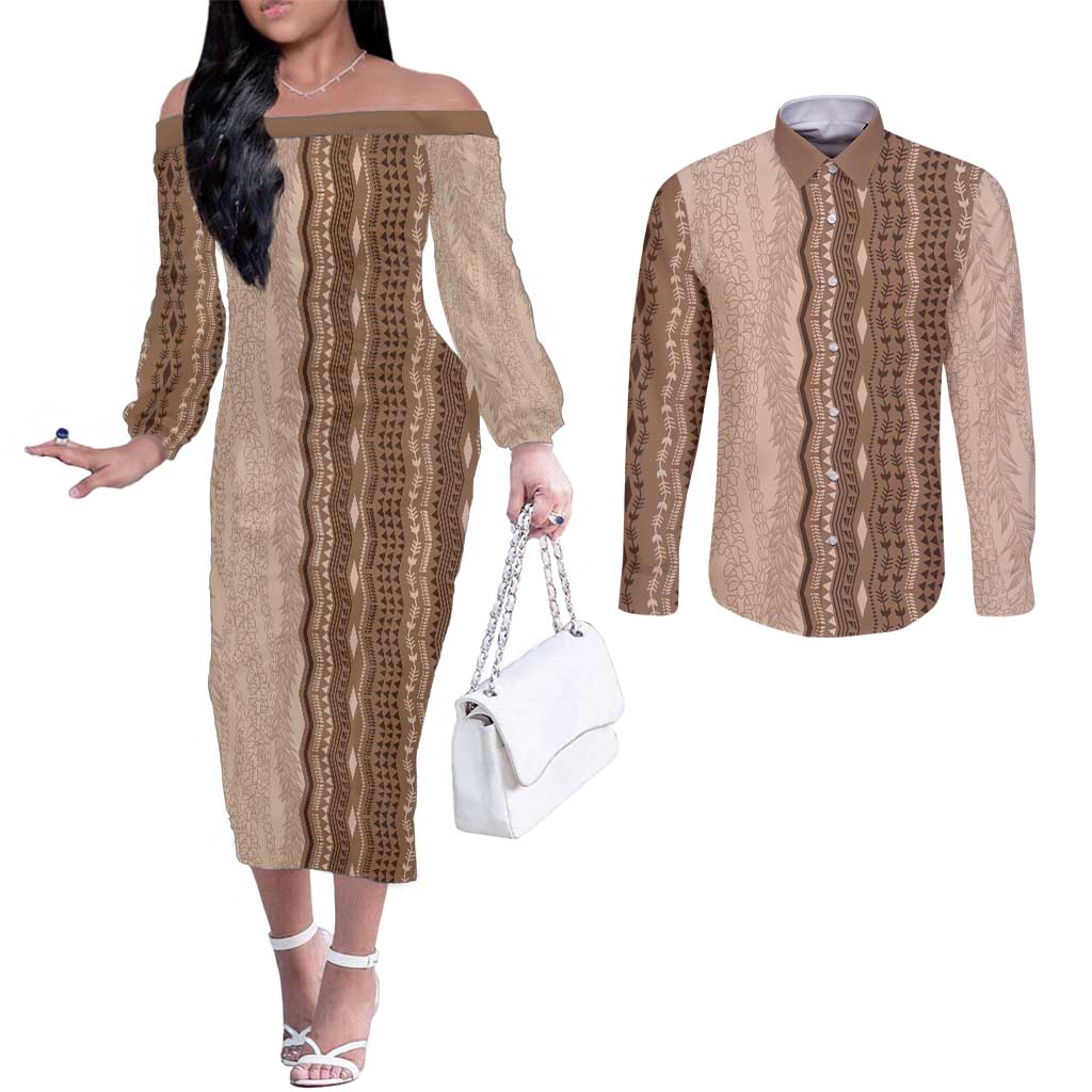 Vintage Beige Hawaiian Traditional Kapa Mix Flowers Lei Couples Matching Off The Shoulder Long Sleeve Dress and Long Sleeve Button Shirt LT7 Beige - Polynesian Pride