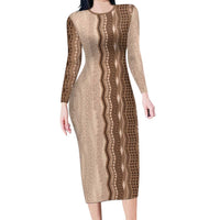 Vintage Beige Hawaiian Traditional Kapa Mix Flowers Lei Family Matching Long Sleeve Bodycon Dress and Hawaiian Shirt LT7 Mom's Dress Beige - Polynesian Pride