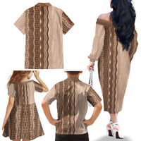 Vintage Beige Hawaiian Traditional Kapa Mix Flowers Lei Family Matching Off The Shoulder Long Sleeve Dress and Hawaiian Shirt LT7 - Polynesian Pride