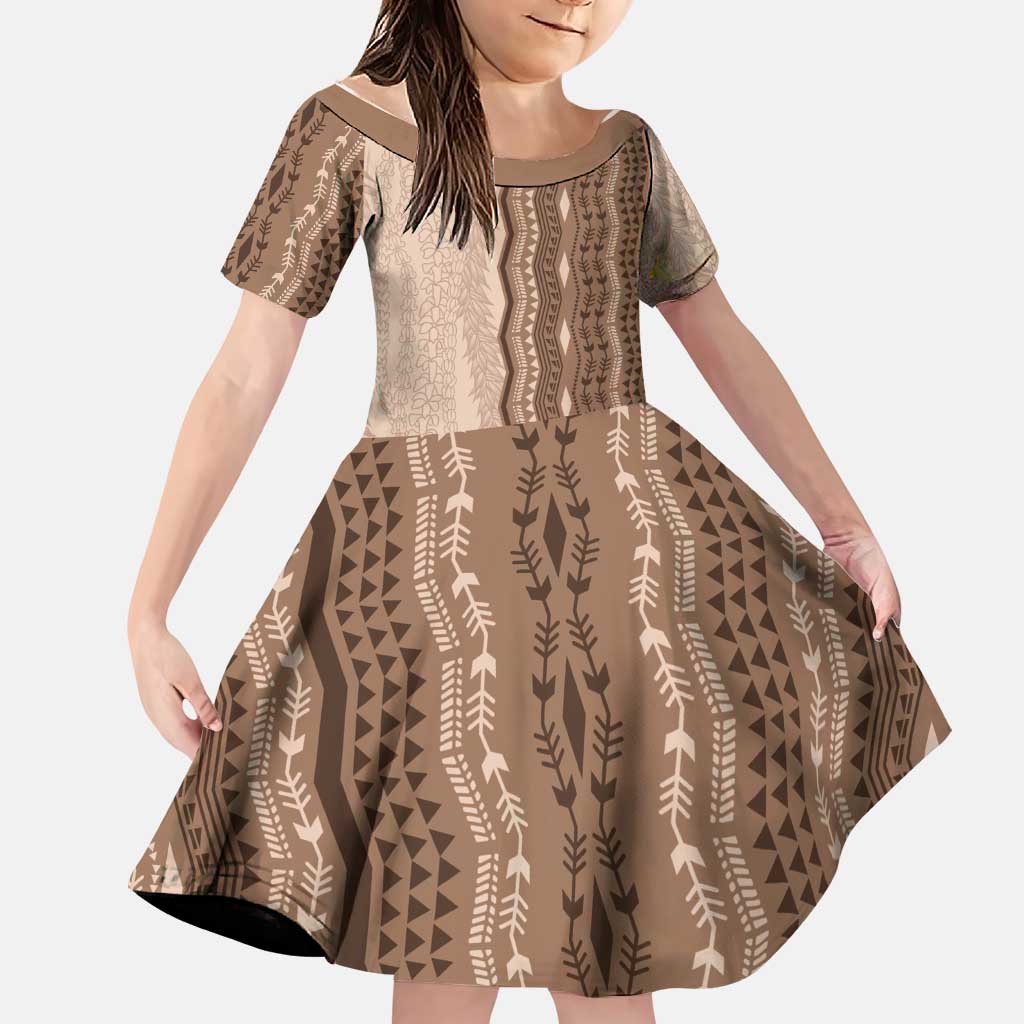 Vintage Beige Hawaiian Traditional Kapa Mix Flowers Lei Family Matching Off Shoulder Short Dress and Hawaiian Shirt LT7 Daughter's Dress Beige - Polynesian Pride