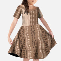Vintage Beige Hawaiian Traditional Kapa Mix Flowers Lei Family Matching Short Sleeve Bodycon Dress and Hawaiian Shirt LT7 Daughter's Dress Beige - Polynesian Pride