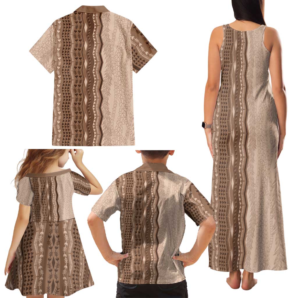 Vintage Beige Hawaiian Traditional Kapa Mix Flowers Lei Family Matching Tank Maxi Dress and Hawaiian Shirt LT7 - Polynesian Pride