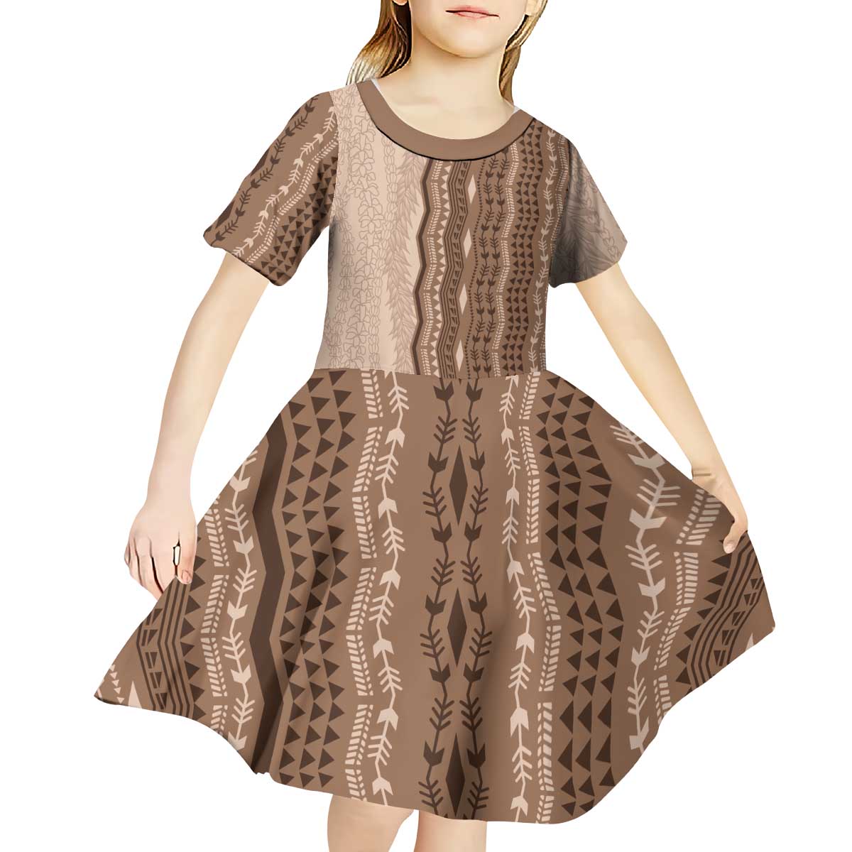 Vintage Beige Hawaiian Traditional Kapa Mix Flowers Lei Kid Short Sleeve Dress