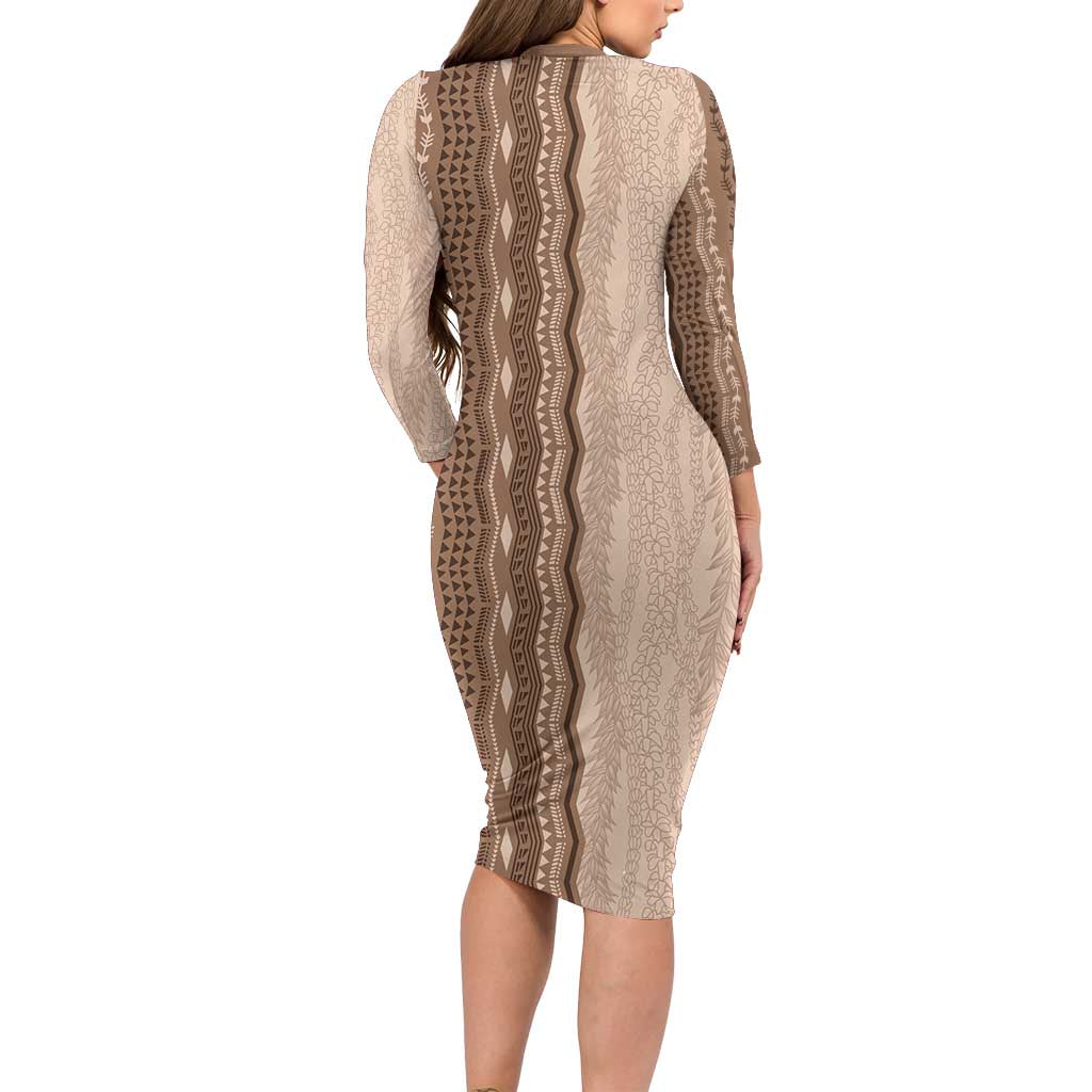 Vintage Beige Hawaiian Traditional Kapa Mix Flowers Lei Long Sleeve Bodycon Dress