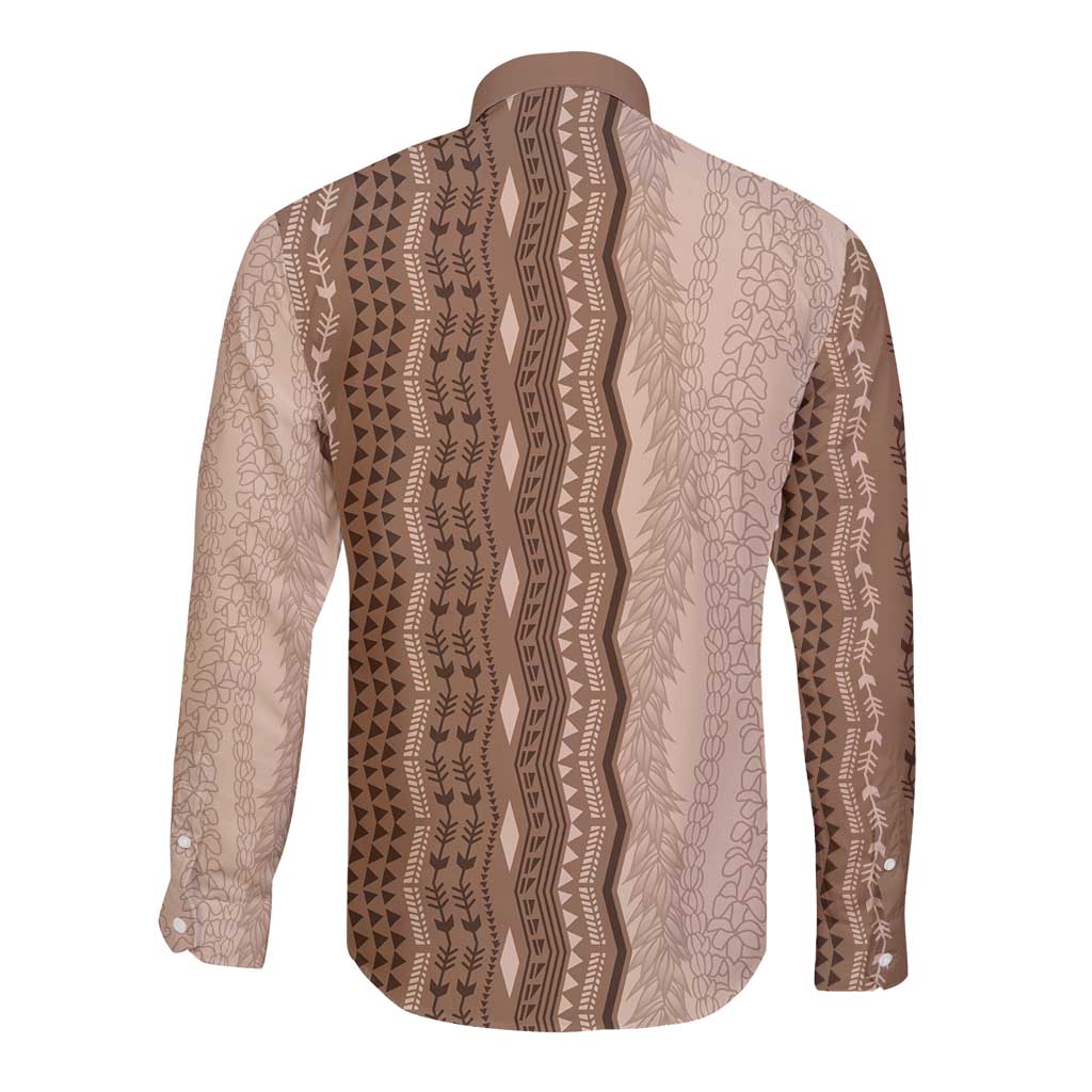Vintage Beige Hawaiian Traditional Kapa Mix Flowers Lei Long Sleeve Button Shirt