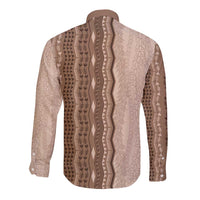Vintage Beige Hawaiian Traditional Kapa Mix Flowers Lei Long Sleeve Button Shirt