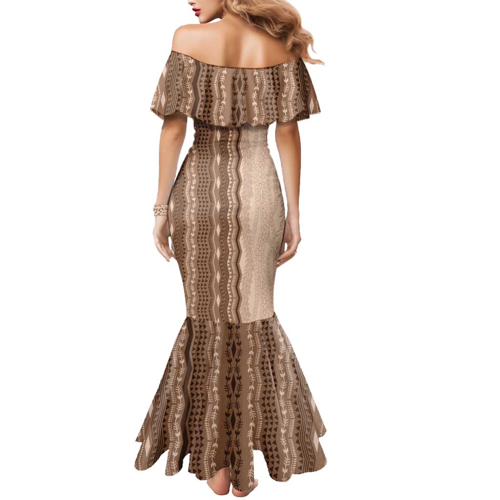 Vintage Beige Hawaiian Traditional Kapa Mix Flowers Lei Mermaid Dress