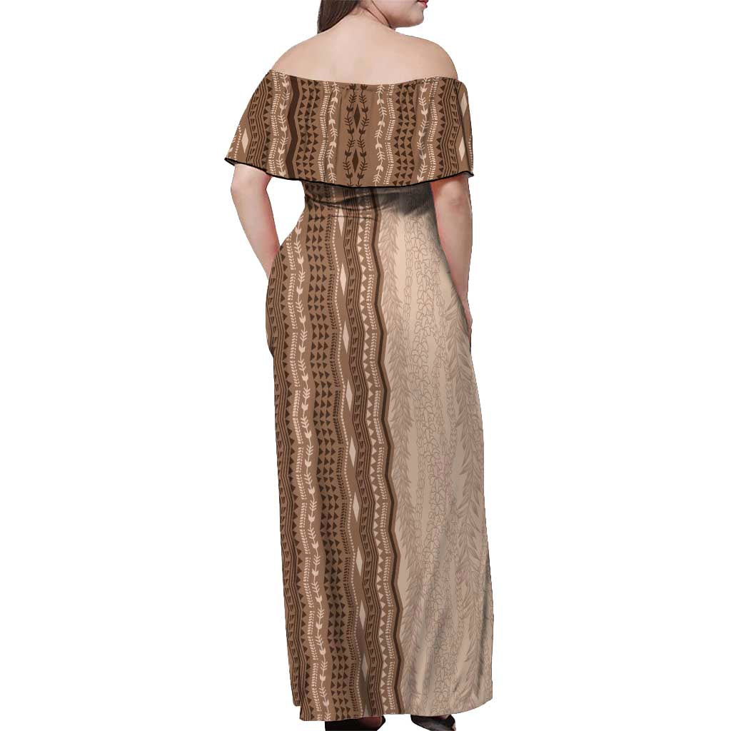 Vintage Beige Hawaiian Traditional Kapa Mix Flowers Lei Off Shoulder Maxi Dress
