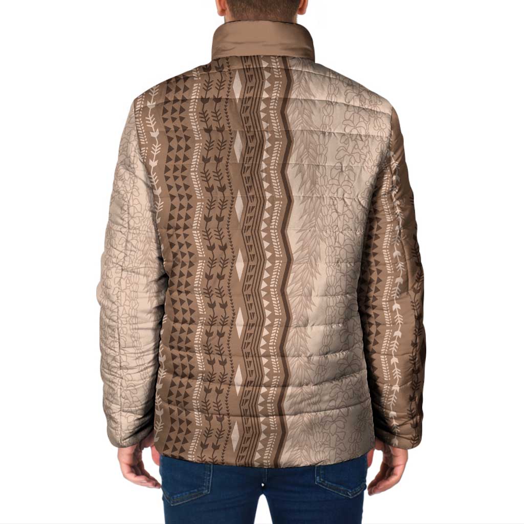 Vintage Beige Hawaiian Traditional Kapa Mix Flowers Lei Padded Jacket