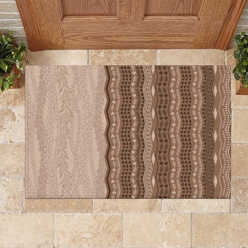 Vintage Beige Hawaiian Traditional Kapa Mix Flowers Lei Rubber Doormat