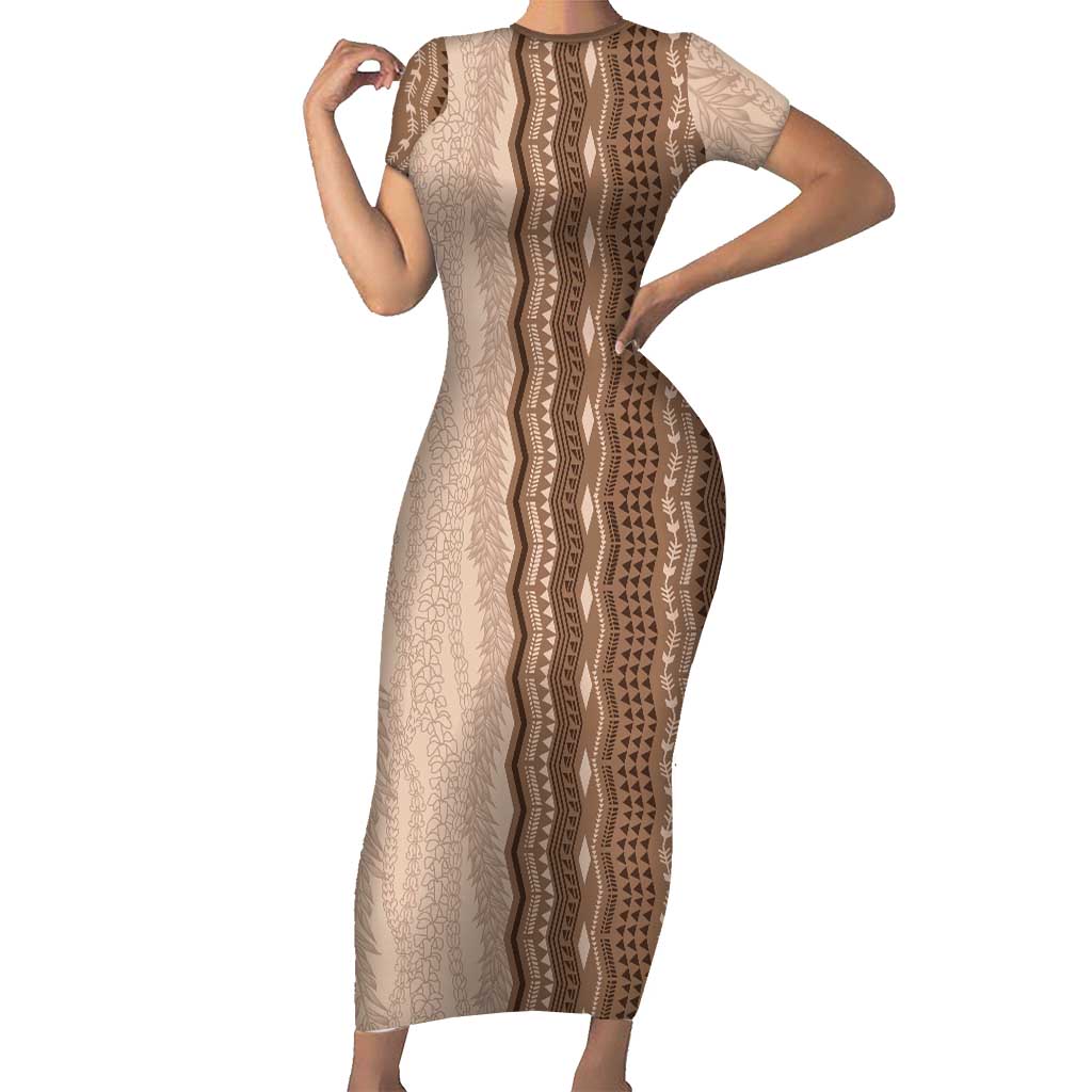 Vintage Beige Hawaiian Traditional Kapa Mix Flowers Lei Short Sleeve Bodycon Dress