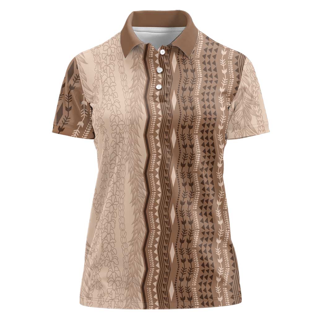 Vintage Beige Hawaiian Traditional Kapa Mix Flowers Lei Women Polo Shirt