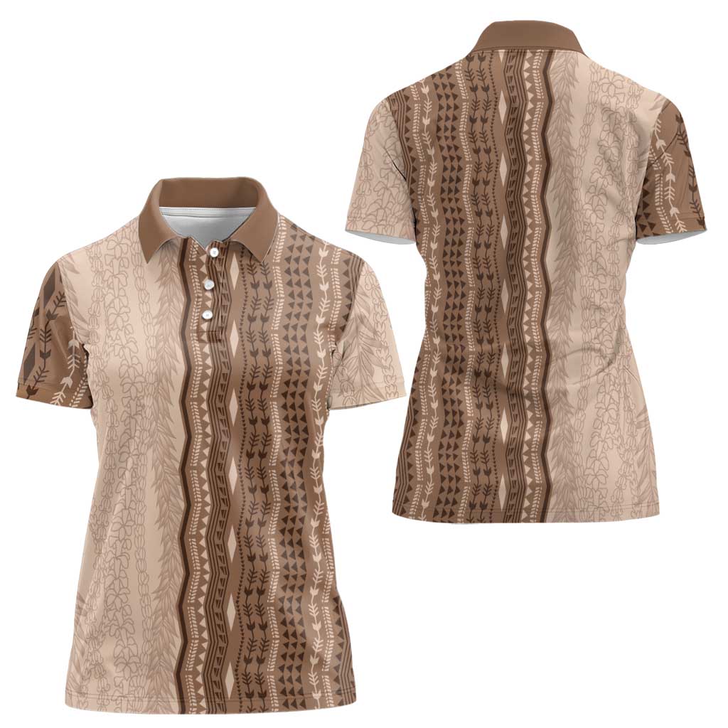 Vintage Beige Hawaiian Traditional Kapa Mix Flowers Lei Women Polo Shirt