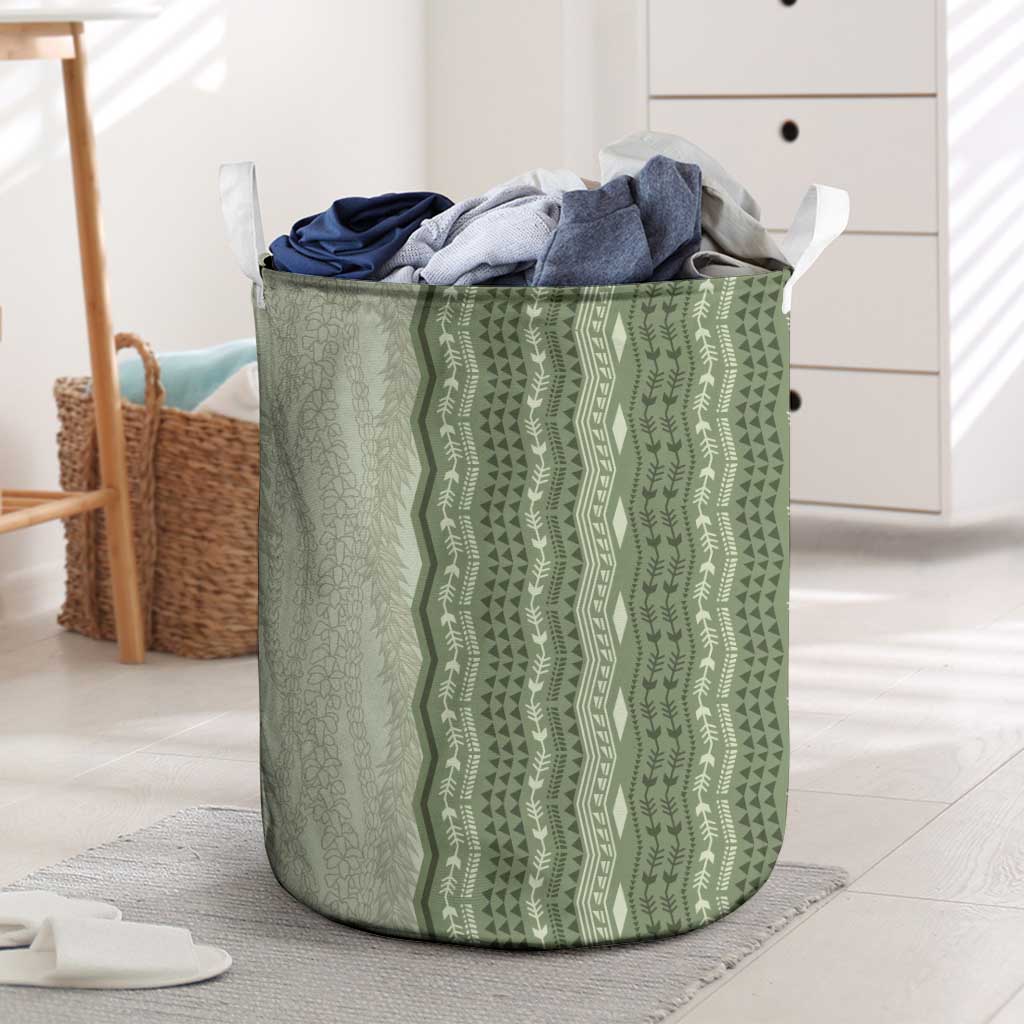 Vintage Sage Green Hawaiian Traditional Kapa Mix Flowers Lei Laundry Basket