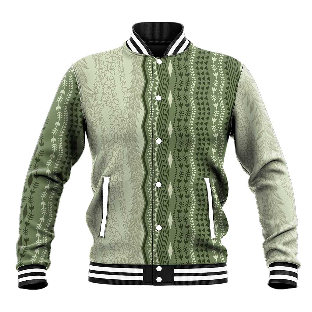 Vintage Sage Green Hawaiian Traditional Kapa Mix Flowers Lei Baseball Jacket