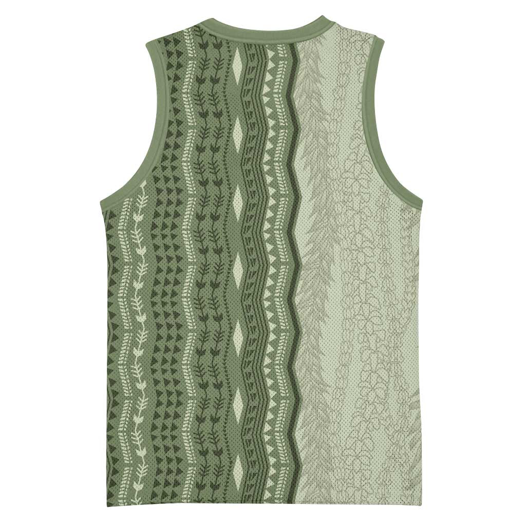 Vintage Sage Green Hawaiian Traditional Kapa Mix Flowers Lei Basketball Jersey