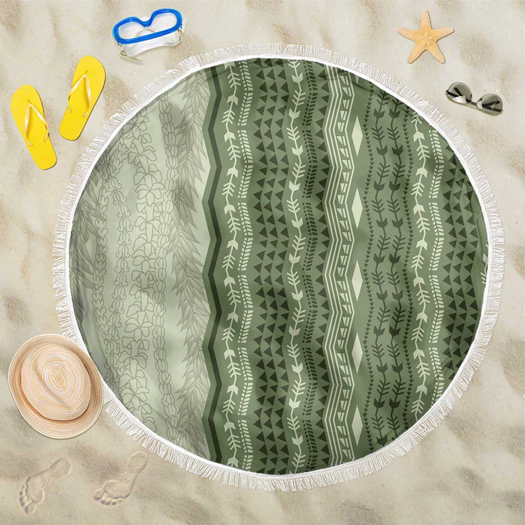 Vintage Sage Green Hawaiian Traditional Kapa Mix Flowers Lei Beach Blanket