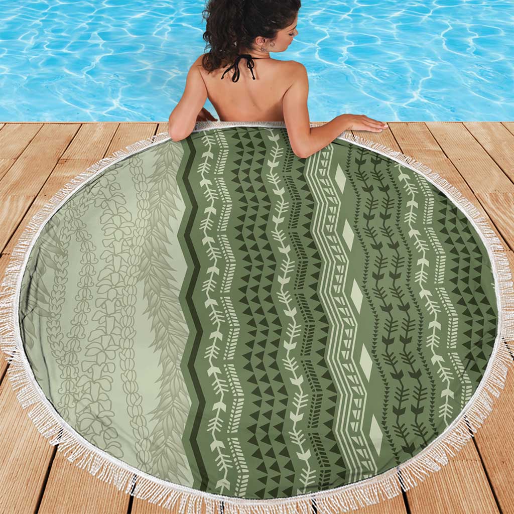 Vintage Sage Green Hawaiian Traditional Kapa Mix Flowers Lei Beach Blanket