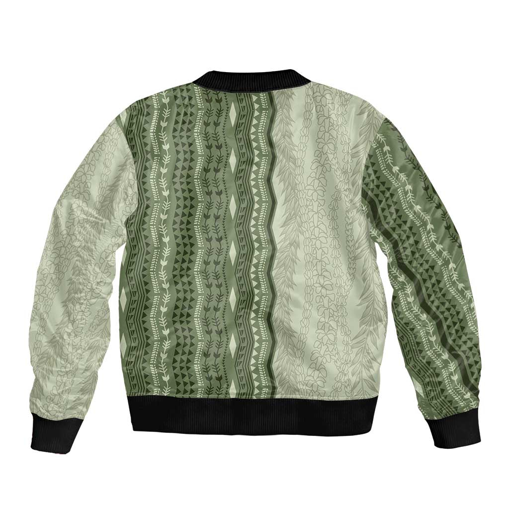 Vintage Sage Green Hawaiian Traditional Kapa Mix Flowers Lei Bomber Jacket