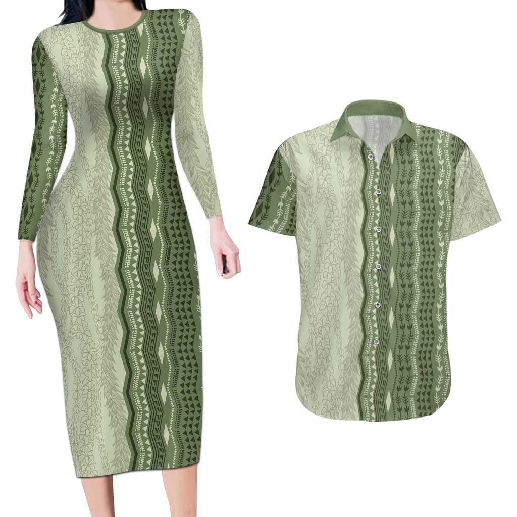 Vintage Sage Green Hawaiian Traditional Kapa Mix Flowers Lei Couples Matching Long Sleeve Bodycon Dress and Hawaiian Shirt LT7 Sage Green - Polynesian Pride