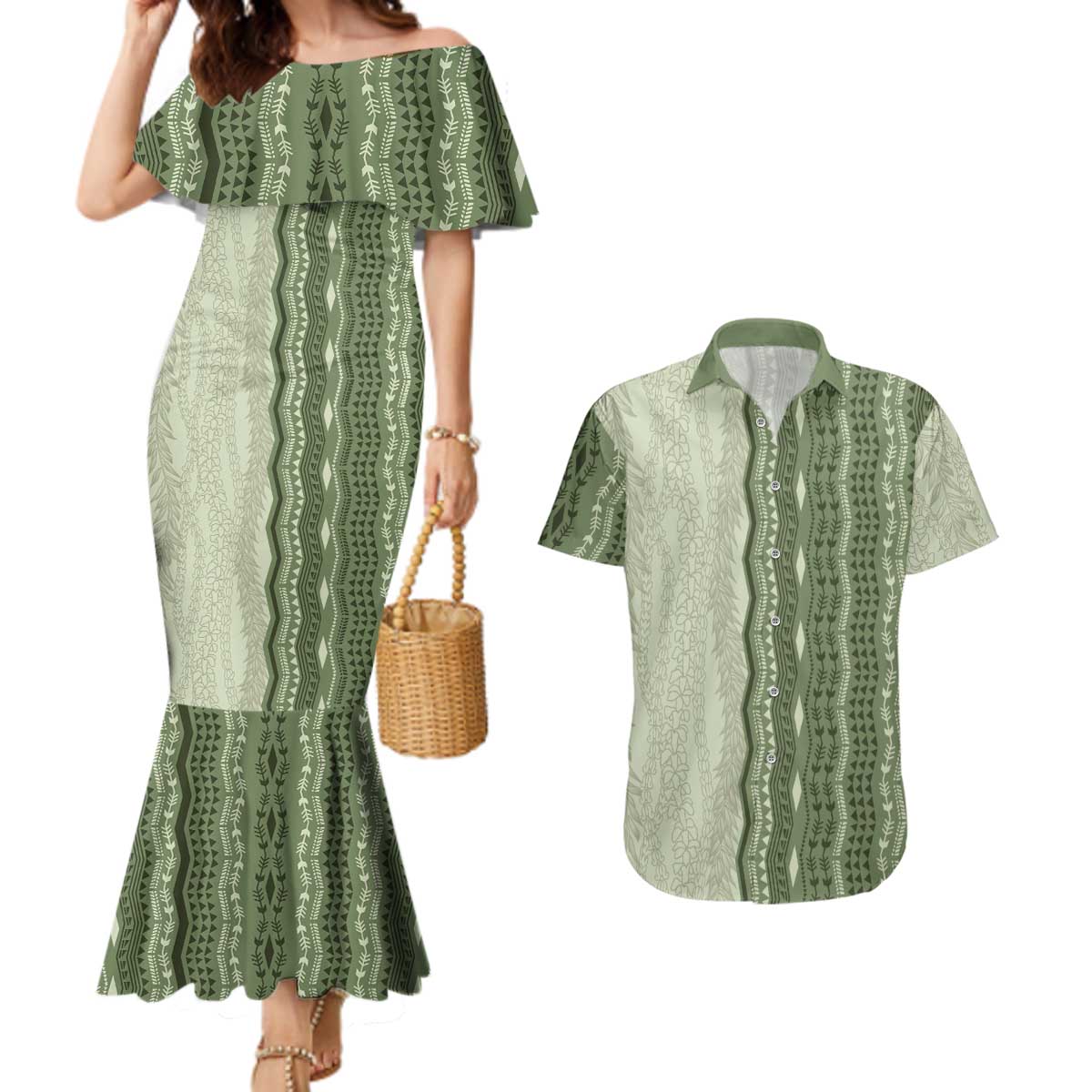 Vintage Sage Green Hawaiian Traditional Kapa Mix Flowers Lei Couples Matching Mermaid Dress and Hawaiian Shirt LT7 Sage Green - Polynesian Pride