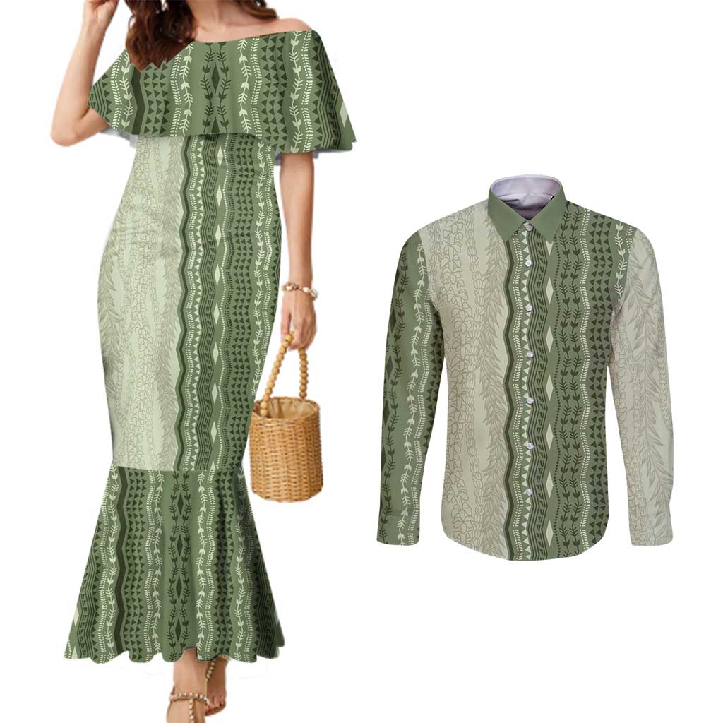Vintage Sage Green Hawaiian Traditional Kapa Mix Flowers Lei Couples Matching Mermaid Dress and Long Sleeve Button Shirt