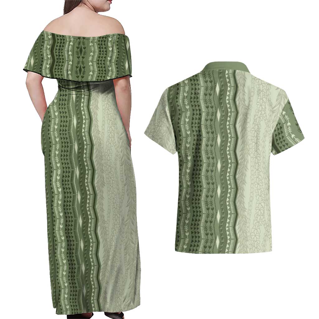 Vintage Sage Green Hawaiian Traditional Kapa Mix Flowers Lei Couples Matching Off Shoulder Maxi Dress and Hawaiian Shirt LT7 - Polynesian Pride