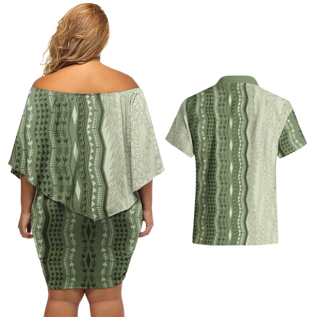 Vintage Sage Green Hawaiian Traditional Kapa Mix Flowers Lei Couples Matching Off Shoulder Short Dress and Hawaiian Shirt LT7 - Polynesian Pride