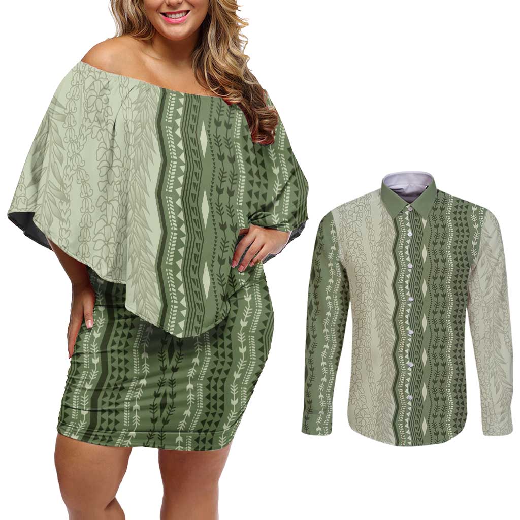 Vintage Sage Green Hawaiian Traditional Kapa Mix Flowers Lei Couples Matching Off Shoulder Short Dress and Long Sleeve Button Shirt LT7 Sage Green - Polynesian Pride