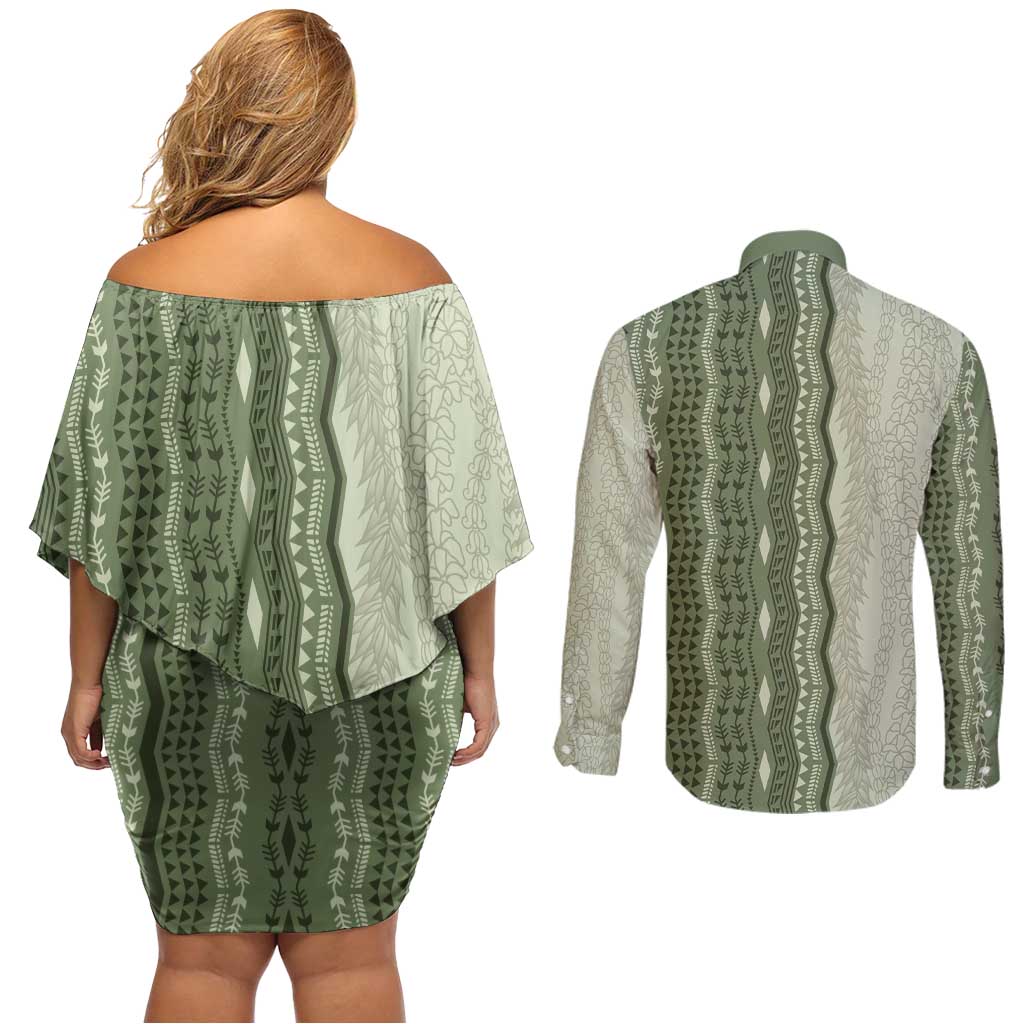 Vintage Sage Green Hawaiian Traditional Kapa Mix Flowers Lei Couples Matching Off Shoulder Short Dress and Long Sleeve Button Shirt LT7 - Polynesian Pride
