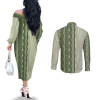 Vintage Sage Green Hawaiian Traditional Kapa Mix Flowers Lei Couples Matching Off The Shoulder Long Sleeve Dress and Long Sleeve Button Shirt LT7 - Polynesian Pride