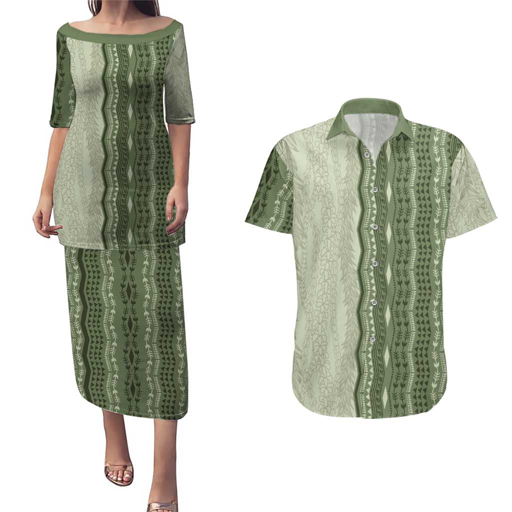 Vintage Sage Green Hawaiian Traditional Kapa Mix Flowers Lei Couples Matching Puletasi and Hawaiian Shirt LT7 Sage Green - Polynesian Pride