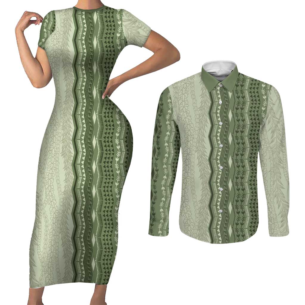 Vintage Sage Green Hawaiian Traditional Kapa Mix Flowers Lei Couples Matching Short Sleeve Bodycon Dress and Long Sleeve Button Shirt LT7 Sage Green - Polynesian Pride