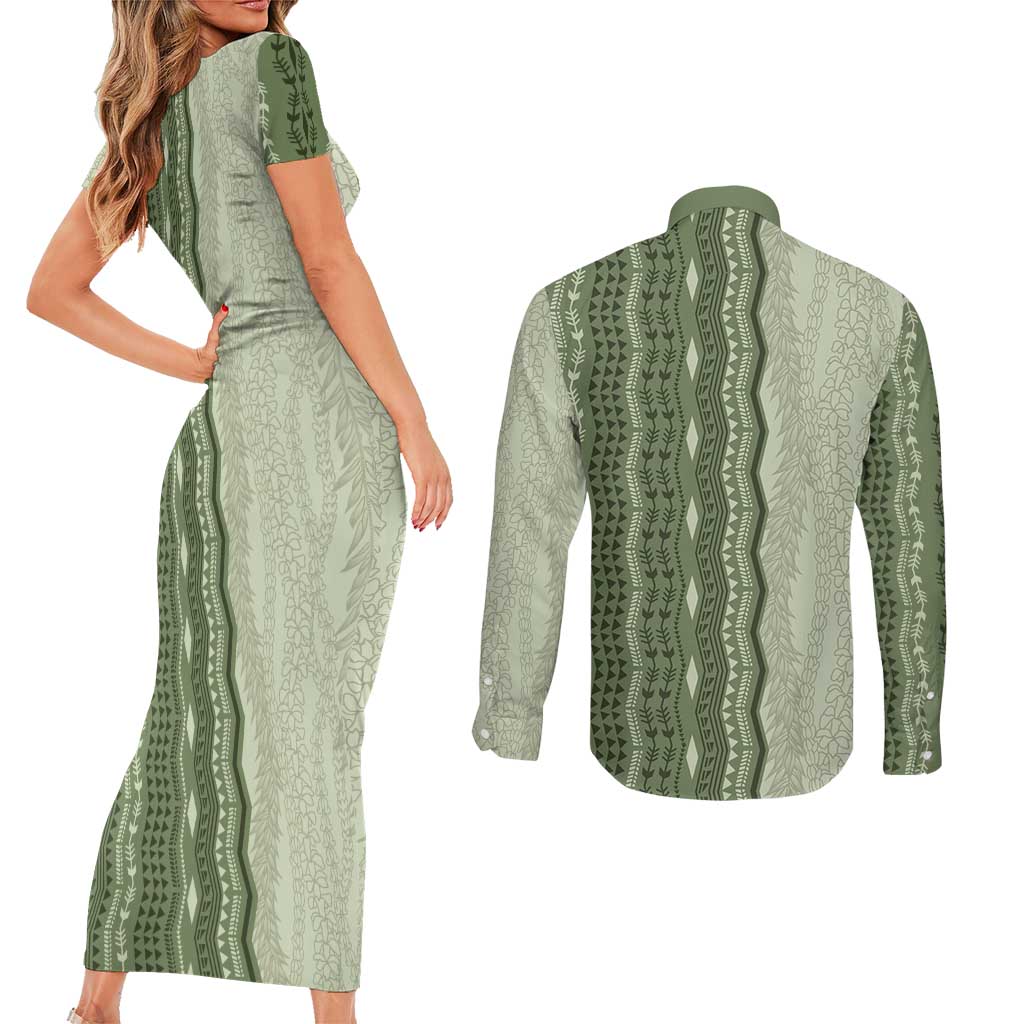 Vintage Sage Green Hawaiian Traditional Kapa Mix Flowers Lei Couples Matching Short Sleeve Bodycon Dress and Long Sleeve Button Shirt LT7 - Polynesian Pride