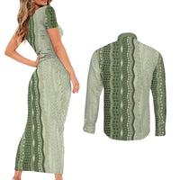 Vintage Sage Green Hawaiian Traditional Kapa Mix Flowers Lei Couples Matching Short Sleeve Bodycon Dress and Long Sleeve Button Shirt LT7 - Polynesian Pride