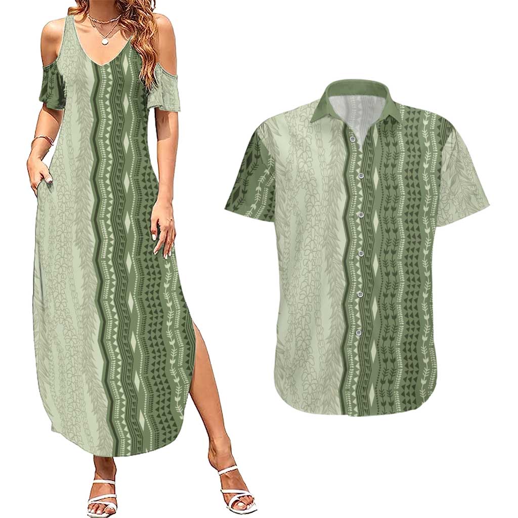 Vintage Sage Green Hawaiian Traditional Kapa Mix Flowers Lei Couples Matching Summer Maxi Dress and Hawaiian Shirt LT7 Sage Green - Polynesian Pride
