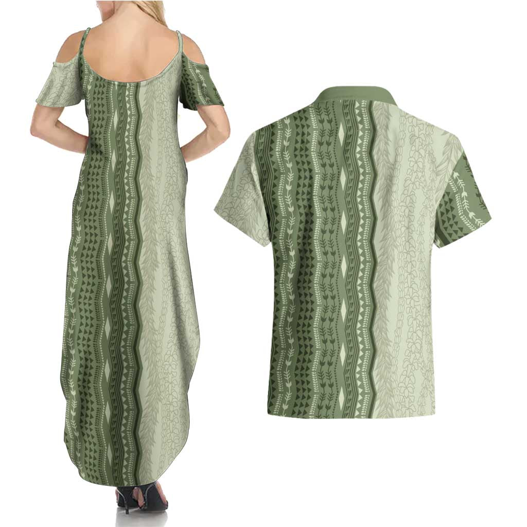 Vintage Sage Green Hawaiian Traditional Kapa Mix Flowers Lei Couples Matching Summer Maxi Dress and Hawaiian Shirt LT7 - Polynesian Pride