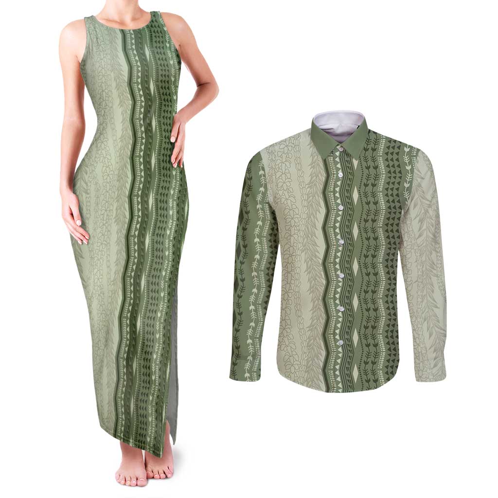 Vintage Sage Green Hawaiian Traditional Kapa Mix Flowers Lei Couples Matching Tank Maxi Dress and Long Sleeve Button Shirt
