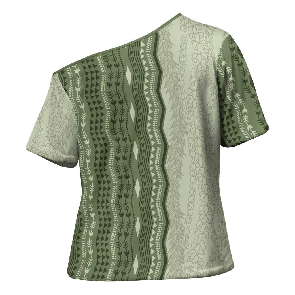 Vintage Sage Green Hawaiian Traditional Kapa Mix Flowers Lei Cross Shoulder Shirt