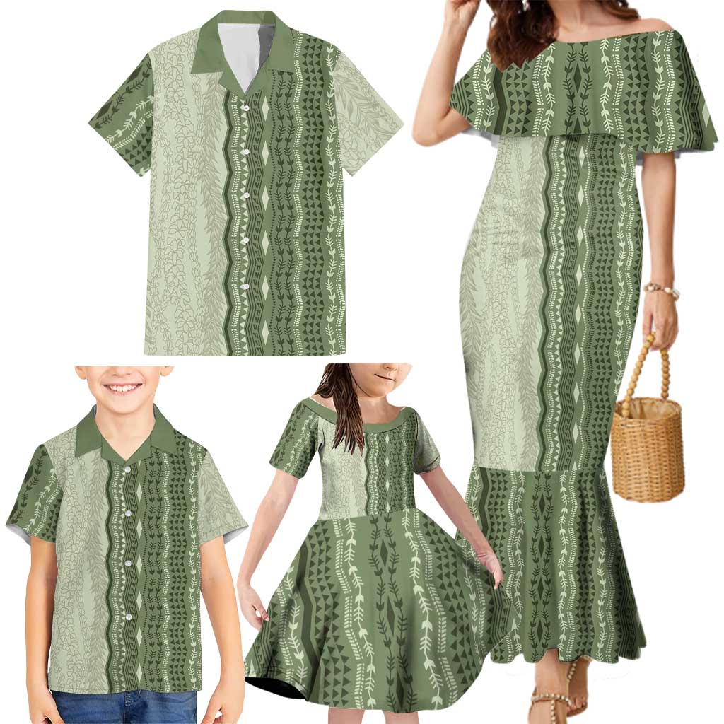 Vintage Sage Green Hawaiian Traditional Kapa Mix Flowers Lei Family Matching Mermaid Dress and Hawaiian Shirt LT7 - Polynesian Pride