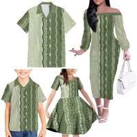 Vintage Sage Green Hawaiian Traditional Kapa Mix Flowers Lei Family Matching Off The Shoulder Long Sleeve Dress and Hawaiian Shirt LT7 - Polynesian Pride