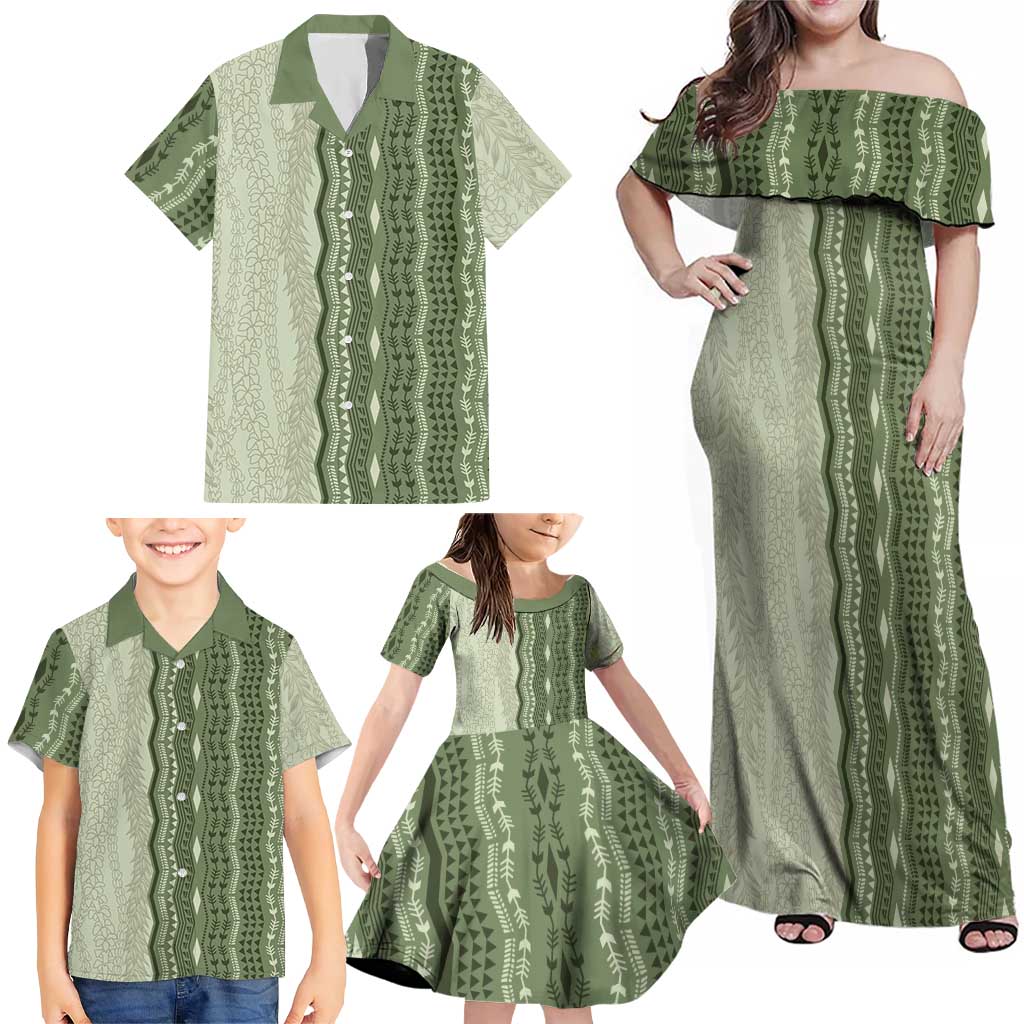 Vintage Sage Green Hawaiian Traditional Kapa Mix Flowers Lei Family Matching Off Shoulder Maxi Dress and Hawaiian Shirt LT7 - Polynesian Pride