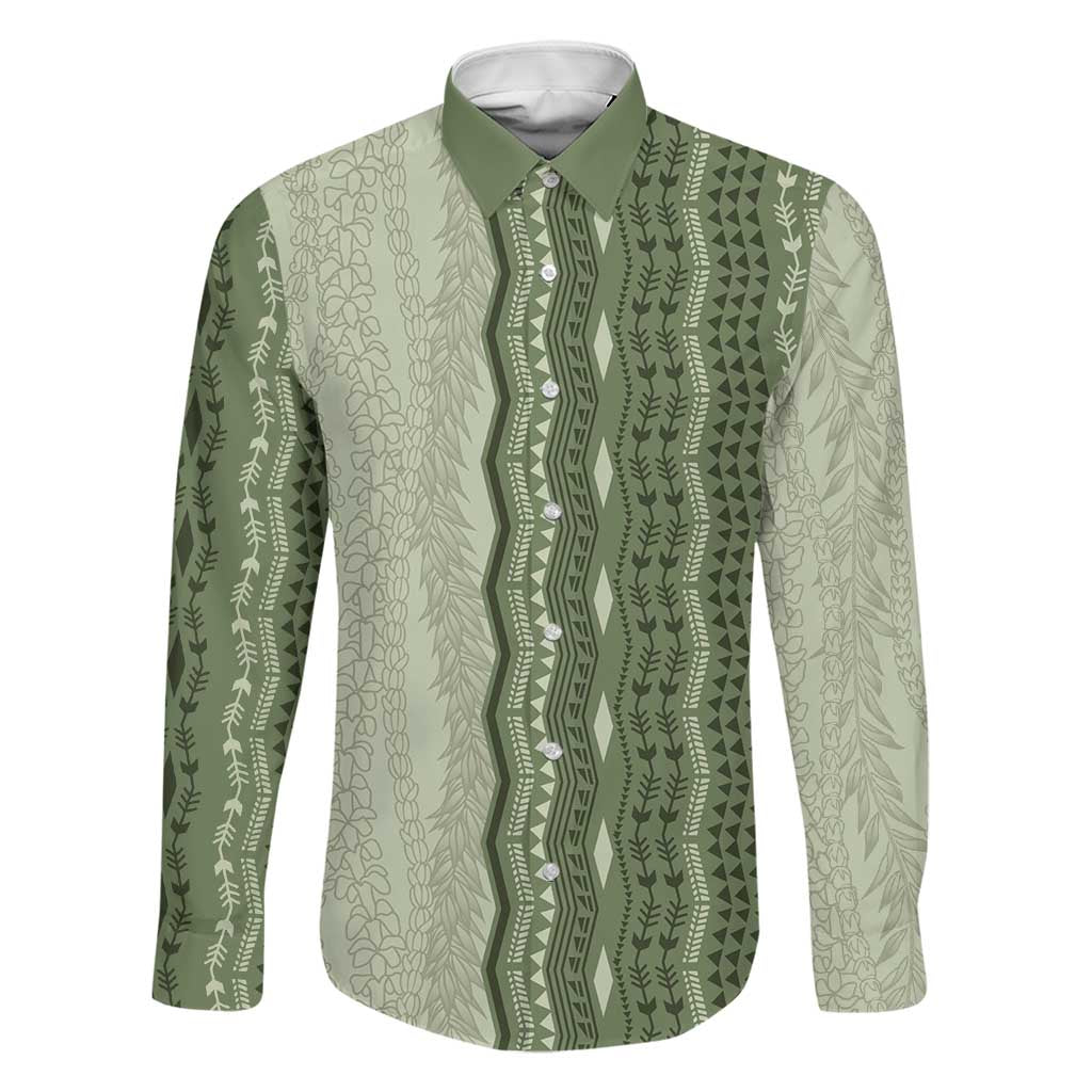 Vintage Sage Green Hawaiian Traditional Kapa Mix Flowers Lei Family Matching Off Shoulder Maxi Dress and Hawaiian Shirt LT7 Dad's Shirt - Long Sleeve Sage Green - Polynesian Pride