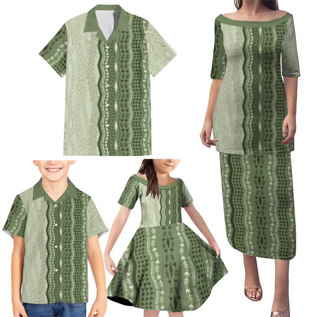 Vintage Sage Green Hawaiian Traditional Kapa Mix Flowers Lei Family Matching Puletasi and Hawaiian Shirt