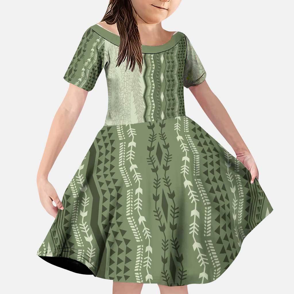 Vintage Sage Green Hawaiian Traditional Kapa Mix Flowers Lei Family Matching Tank Maxi Dress and Hawaiian Shirt LT7 Daughter's Dress Sage Green - Polynesian Pride
