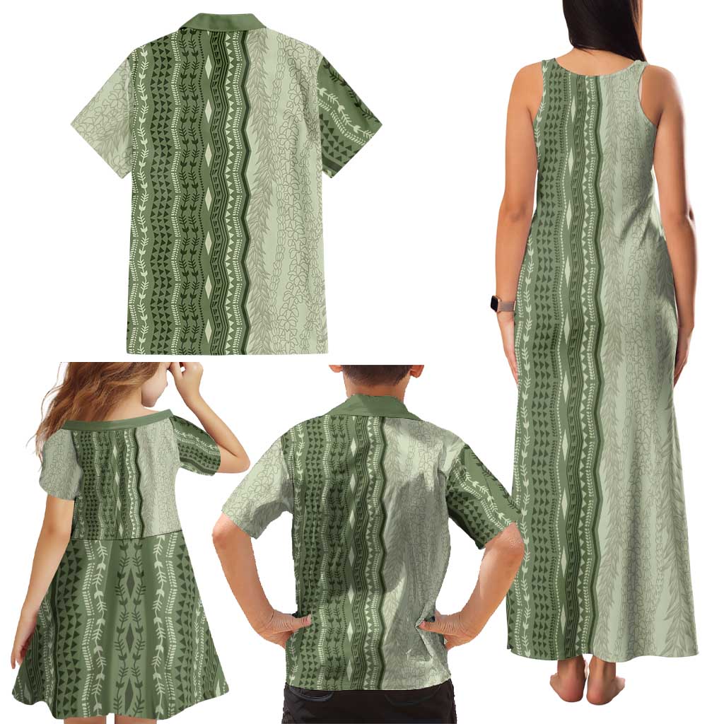 Vintage Sage Green Hawaiian Traditional Kapa Mix Flowers Lei Family Matching Tank Maxi Dress and Hawaiian Shirt LT7 - Polynesian Pride